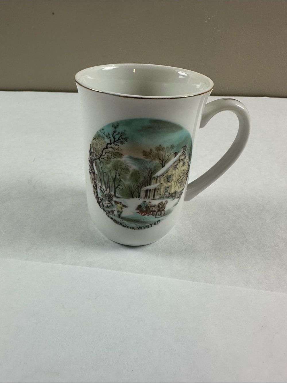 Currier & Ives White Ceramic Mug with Teal Winter Scene and Gold Rim